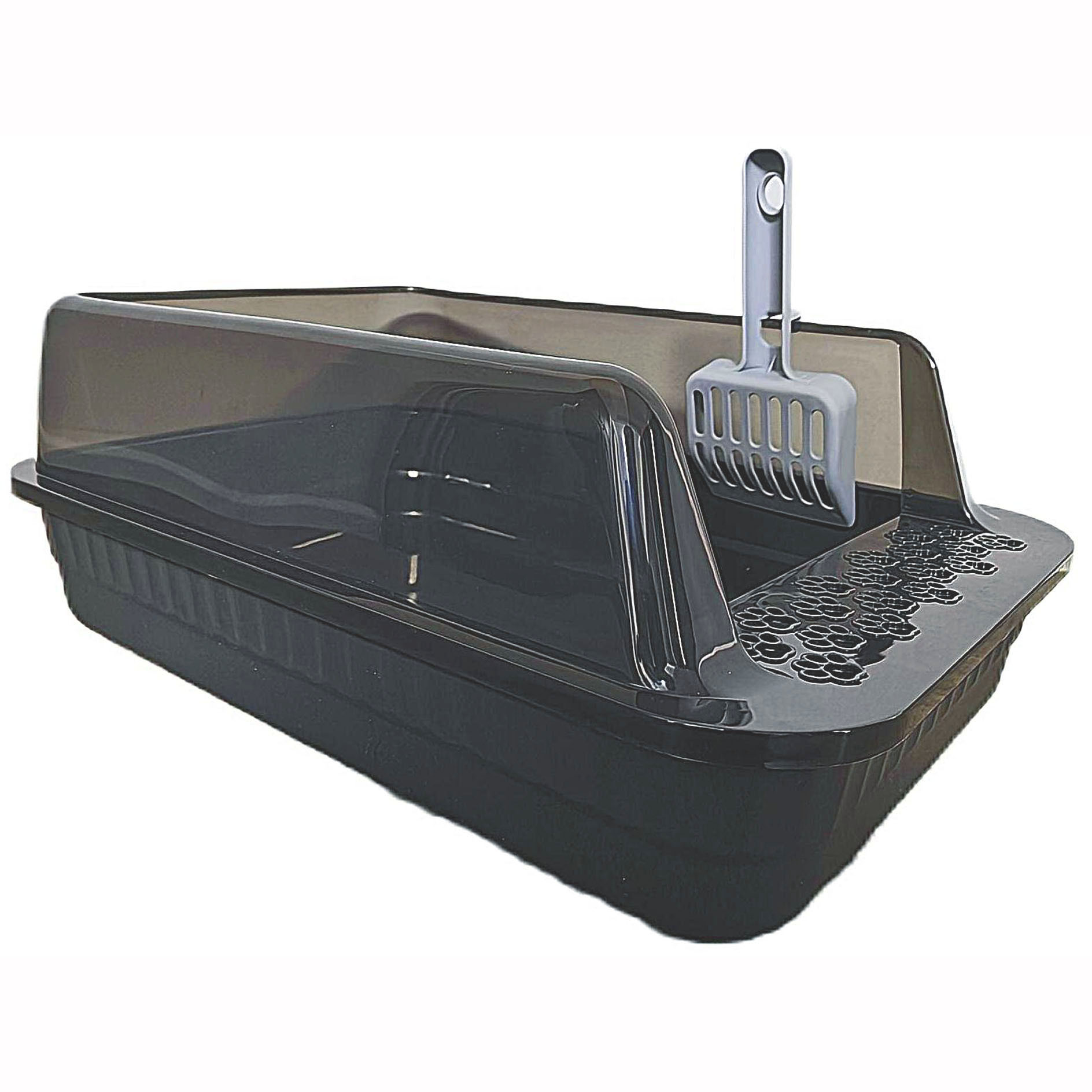 (image for) KUNWU Plastic 20" x 14" x 8" Semi-Closed Cat Litter Box with Enclosure Lid and Scoop (Black Coral)