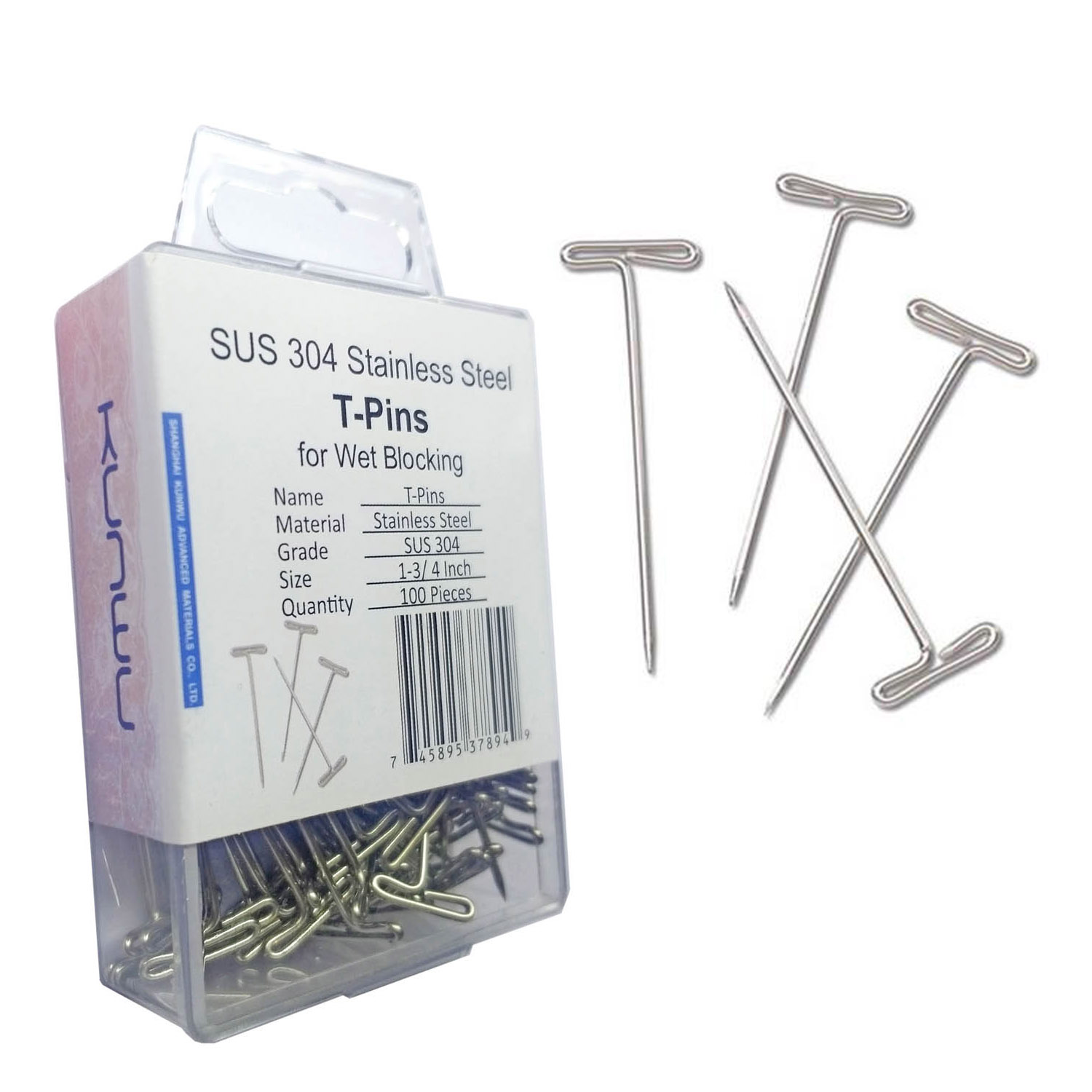 (image for) SUS304 Real Stainless Steel Wig T-Pins for Knit & Lace Wet Blocking Modelling and Crafts, 1-3/4 inch 100 Pieces with PVC Box